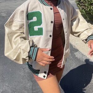Boohoo Cream Varsity Jacket with Green Details